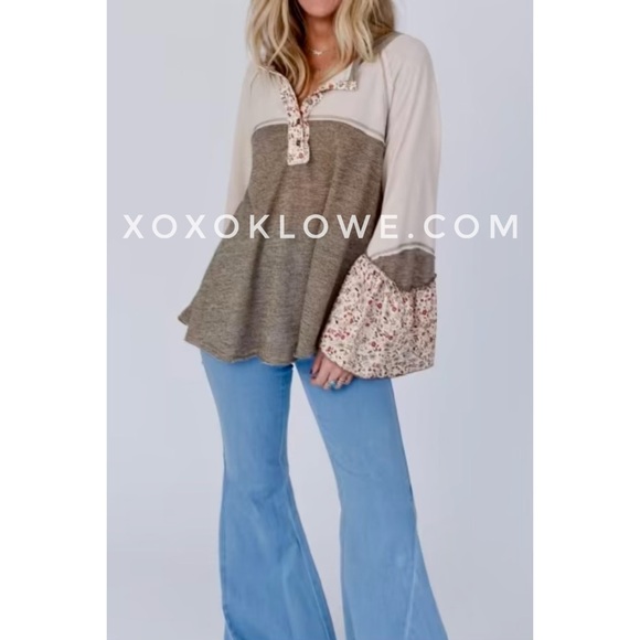 POL Olive + Cream Floral Sleeve Half Button Henley Top - Picture 10 of 16